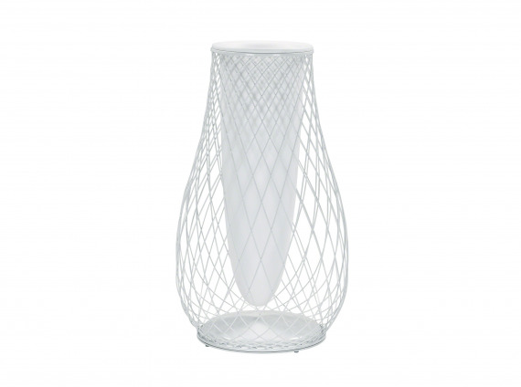 A big outdoor white metal mesh vase by Coalesse