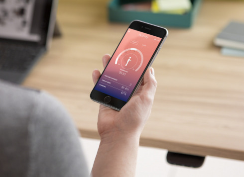 Person holding a mobile phone and looking at the Rise APP