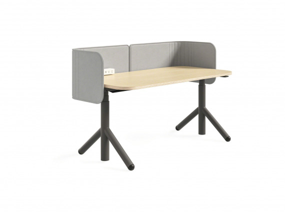 Steelcase Flex Height Adjustable Desk with a gray screen on white background.