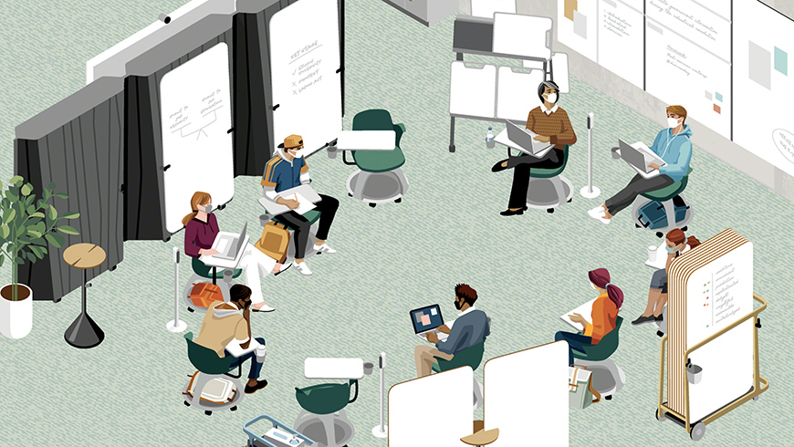 graphic of a big collaborative space, a lot of people working or studying while wearing masks
