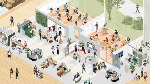 graphic of a big collaborative space, a lot of people working or studying while wearing masks