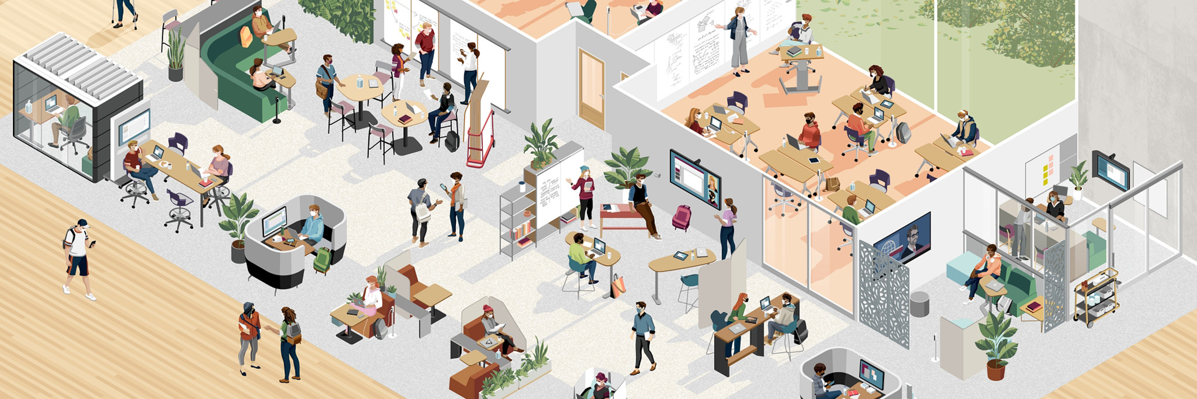 graphic of a big collaborative space, a lot of people working or studying while wearing masks