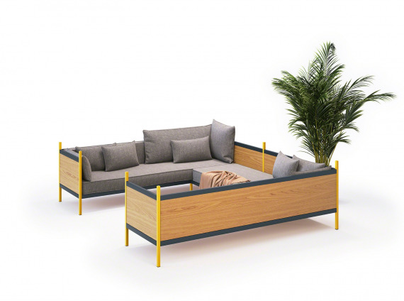grid collection sofa with wooden base and back